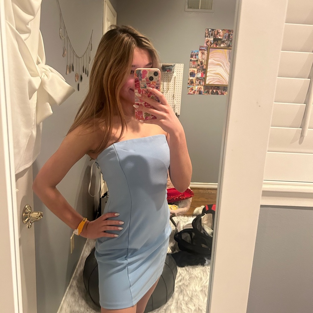 Blue strapless mini dress